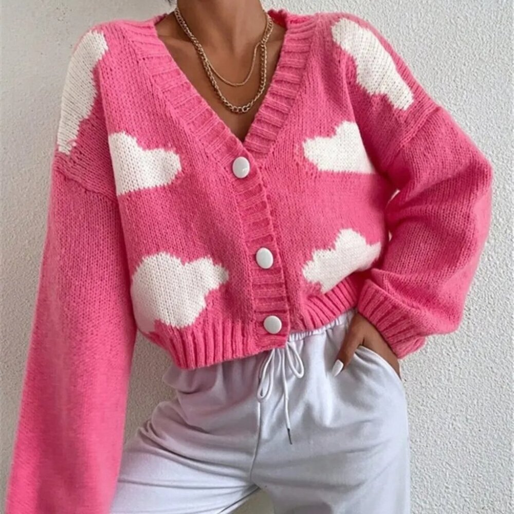 Contrast Cloud Pattern Cropped Button-Up Cardigan